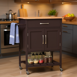 Rolling <b>Kitchen</b> Island Cart With Drawer And Towel Rack Brown Wood Modern Design 1 Drawer 2 <b>Shelves</b> - Product Image 2
