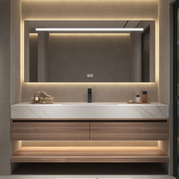 Meuble de salle de bain moderne 2026 en panneaux de bois résistants à l'eau, simple ou double, avec miroir LED et lavabo, idéal pour villas et appartements