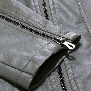 Veste en cuir PU gris pour homme, col rabattu, fermeture éclair, coupe ajustée, style motard, vêtement d'automne - Product Image 5