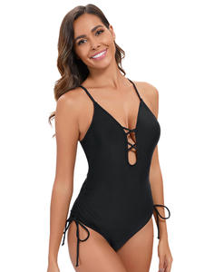 Nuevo traje de baño de una pieza triangular de color sólido europeo y americano para mujer, traje de baño sexy sin espalda con lazo recortado transfronterizo - Product Image 3