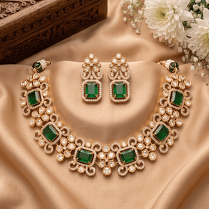 Glamorous Silver Plated Green Emerald Square Stone Choker Necklace Set With Matching Stud Earrings Set For Modern Bridal Wear - Product Image 3