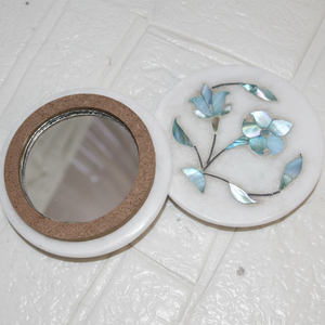 Petit miroir de luxe en marbre blanc pour la décoration de la coiffeuse, miroir de poche avec incrustation de nacre bleue, miroir cadeau de boutique - Product Image 1