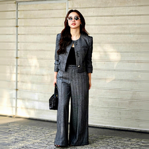 Wholesale <b>Women's</b> Short Striped Contemporary <b>Collarless</b> Structured Elegant Wool/Silk Blazer Fashion <b>Jacket</b> - Product Image 1