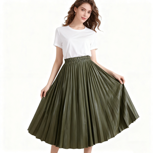 Elegant <strong>White</strong> Black Pink Pleated Long Midi <strong>Skirt</strong> Women High Waist PU <strong>Leather</strong> Breathable Casual Style - Product Image 1