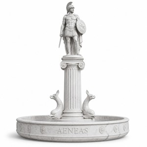 Dekorativer Marmorbrunnen: Aeneas-Krieger-Statue mit Helm und Schild, Wasserspiel mit Delfin für Hotel, Plaza, Garten, Park und Grundstück - Product Image 1