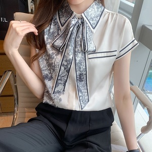 Blusa de cetim solta e grande tamanho, para o verão, casual, manga curta, gola com laço, camisa 9350 # - Product Image 3