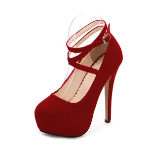 Sepatu Hak Tinggi Wanita, Sepatu Hak Tinggi Suede, Ukuran Besar, Merah 14 Cm, Platform Tahan Air Bulat, Sepatu Stiletto Tali Silang, Sepatu Perjamuan untuk Wanita