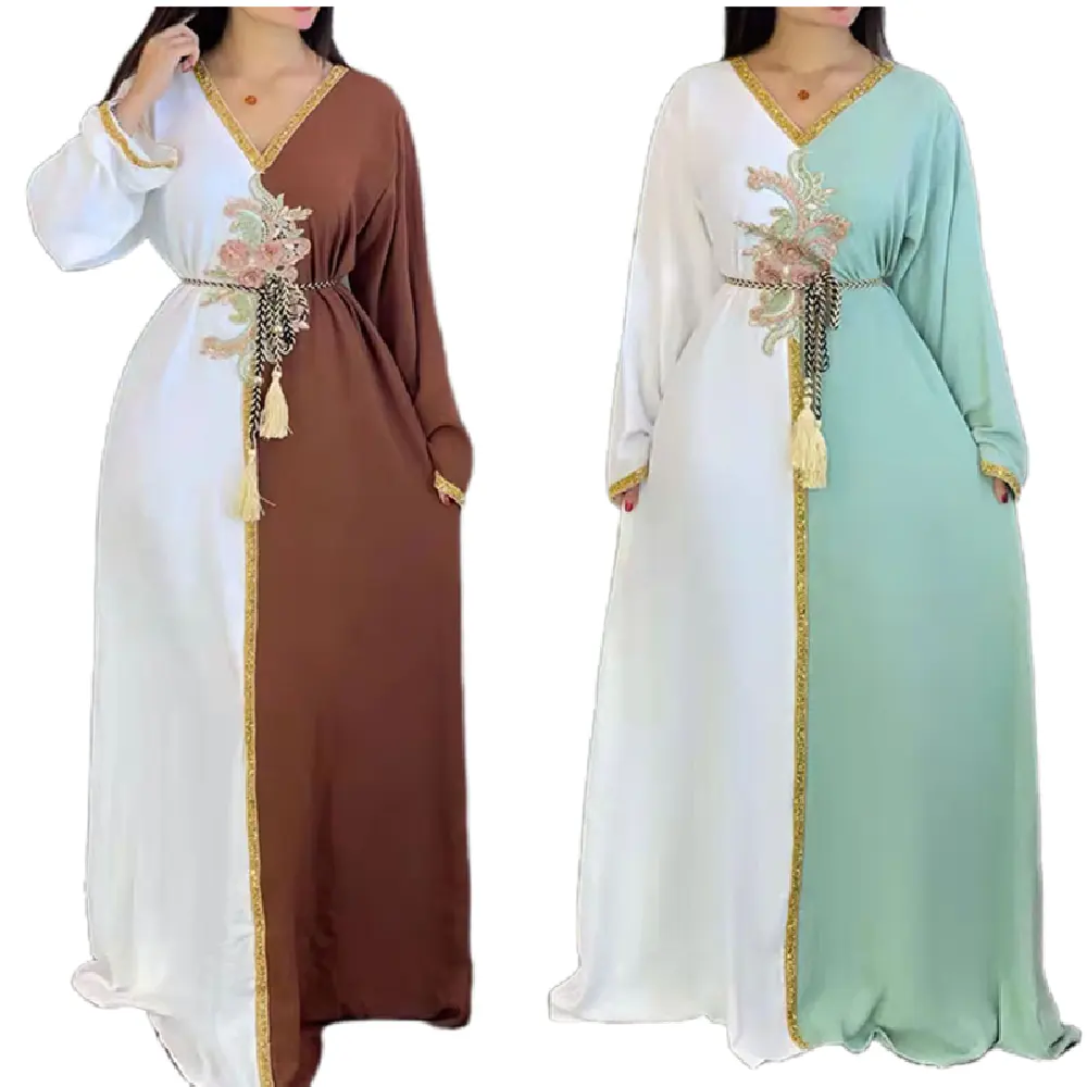 YQY8297 המזרח התיכון דובאי העבאיה מוסלמי שמלות מסיס במים 3D זהב אבקת גבול סאטן Robe תחתונית שתי חתיכה להגדיר