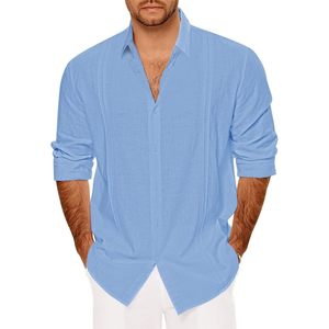 2025 Men's Casual Cotton <b>Linen</b> Long Sleeve <b>Shirts</b> Button-Down Cuban Camp Roll-Up <b>Summer</b> Beach Autumn Woven Fabric - Product Image 2