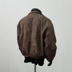 Blouson Bomber <span class=keywords><strong>Homme</strong></span> en Cuir Marron Coupe Ample Tendance Automne avec Col Revers et Fermeture Éclair Style Motard Vintage Américain - Product Image 4