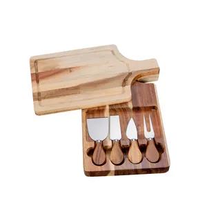 Planche à fromage en bois d'acacia personnalisée et ensemble de couteaux, planches de confiserie avec plateau, planche à découper en bois