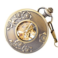 Montre de poche mécanique en bronze antique à remontage manuel, cadran squelette, chiffres romains, boîtier rond en alliage, motif floral, cadeau