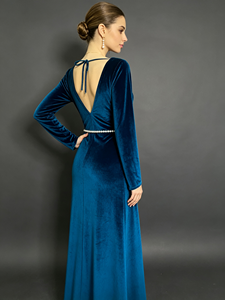 Robe longue en velours SWEET BABE, col en V profond, manches longues, ceinture à perles, élégante, pour soirée, robe de cérémonie pour femmes - Product Image 3