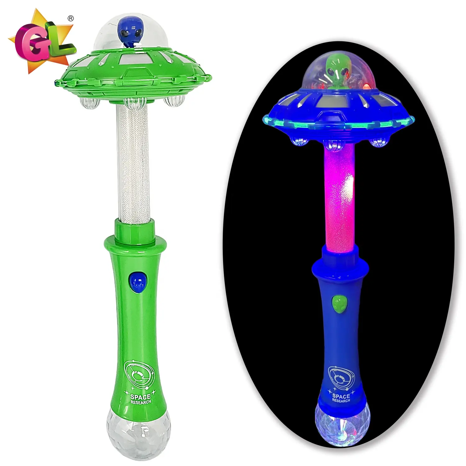En popüler öğeler mavi yeşil UFO plastik oyuncak led ışık up oyuncaklar ile uzay uçan daire değnek yanar