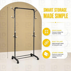 Standing Metal <b>Clothing</b> <b>Rack</b> With Wheels Height Adjustable Multifunctional Wardrobe Storage Holder Minimalist Design - Product Image 2