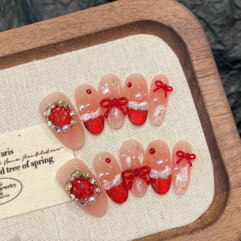 Design #2403 Wholesale Christmas Red Handmade 10pcs Short Oval Artificial Press on Nails Full Cover French Acrylic False Nails