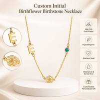 Kalung Batu Kelahiran Bunga Mawar Inisial Kustom, Liontin Bunga Mawar Baja Anti Karat Berlapis Emas 18K, Perhiasan Pribadi