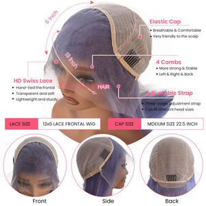 Pelucas Frontales de Encaje de Color Morado Claro Transparente HD de 13x6, Cabello Humano Pre-Encolado, Sin Nudos Decolorados, Completamente Lisas - Product Image 2