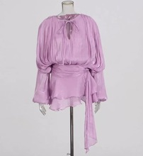 Français européen américain deux pièces court 2025 printemps été <span class=keywords><strong>Collection</strong></span> décontracté bulle manches jupe à volants nouveau devant uni teint - Product Image 6