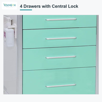 Chariot médical d'hôpital à 4 tiroirs en acier avec verrouillage centralisé et poubelles intégrées