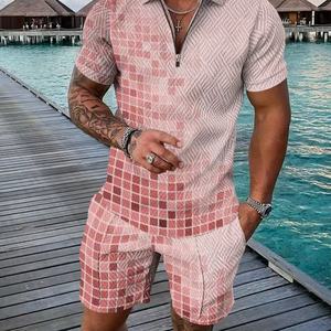 Ensembles de polos décontractés personnalisés OEM, ensembles de survêtements courts d'été pour hommes, t-shirt et short pour hommes avec fermeture éclair - Product Image 2