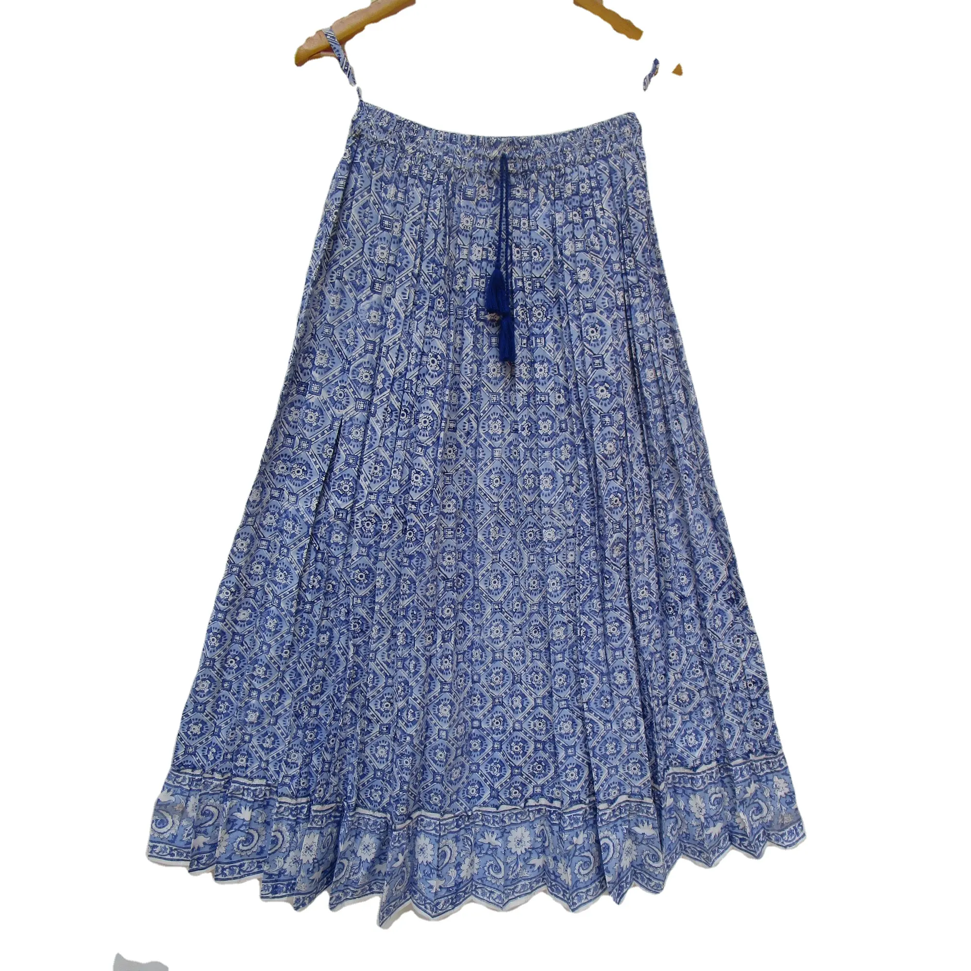 Cotton blue ditsy floral print women's wear long A-line skirt - travel wear cotton maxi skirts