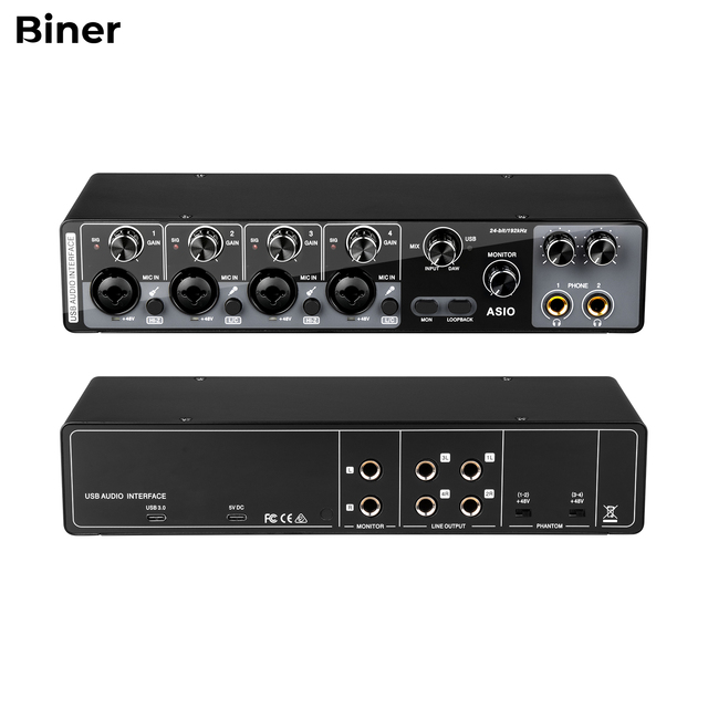 Biner MQ44 Professional 4 Channel USB Professional Studio Sound Card Recording 24 Bit 192Khz Audio Interface for Live Streaming