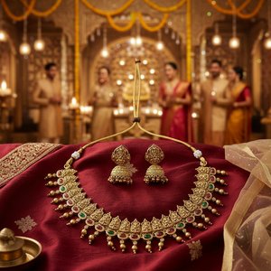 High Quality Ethnic Traditional Temple Design Bridal Choker <b>Set</b> with Zircon Jhumka Earrings <b>Gold</b> Plated Finish for Wedding Party - Product Image 3