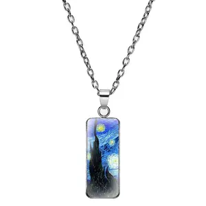 Collier de peinture personnalisé Vincent Van Gogh, pendentif carré de nuit étoilée, collier en verre