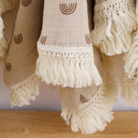 Couverture Bébé en Gaze Crêpe Double Couche avec Pompons, 100% Coton Mousseline, Housse de Poussette, Couette d'Été Climatisation