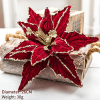 Fleur de Noël 26 cm en velours rouge et or à paillettes, fausse fleur artificielle pour décoration de sapin de Noël
