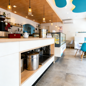 Airy Luxe Bakery & Coffee Market Stall Featuring Glass Display Case, Open Tiered Shelving, and Integrated Warm Lighting - Product Image 5