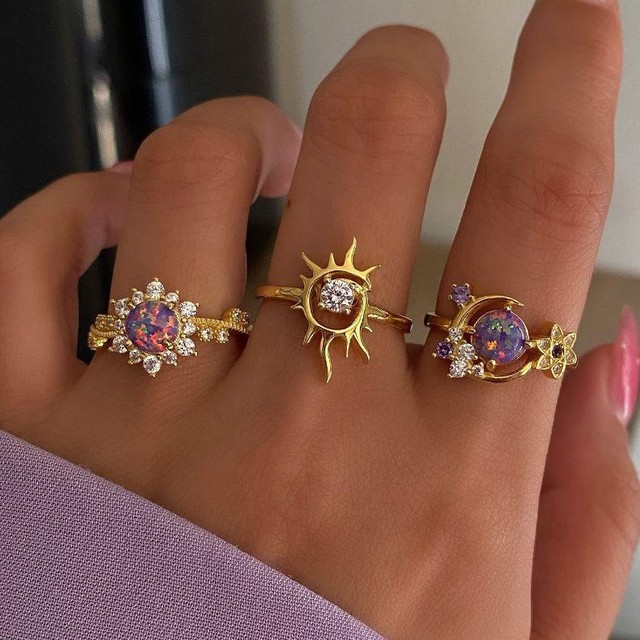 Resoul Crystal Gemstone Rings Women Zircon Ring Celestial Jewelry Adjustable Gold Ring Bohemian Style Jewelry