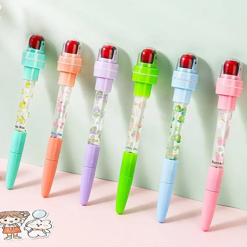 Promotion Pen 5 in 1 Multifunctional Bubble Roller Stamp School Stationery Cute Fruit Design Kids Plastic Ball Pen