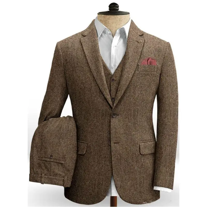 Dark Brown Wedding Tuxedos Men Suits Harringbone Tweed Groom Outfits Best Man Suit MenのBlazer Suits Custom Made