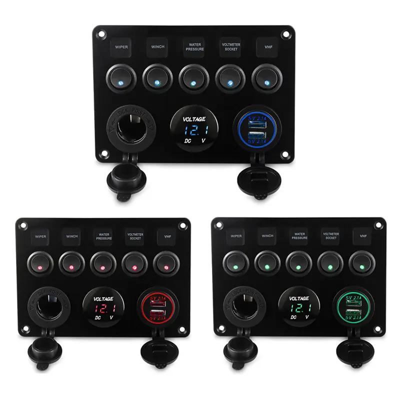 5 Gang waterproof Car Auto Boat Marine 12v switch panel With Voltmeter Dual USB Charger Blue LED Light on/off Rocker Switch