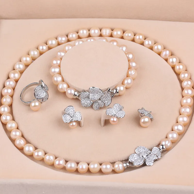 Multi Color Potato Shape Freshwater Pearl Necklace Bracelet Earring Ring Jewelry Set For Women
