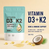 Capsules de vitamine D3 K2 en gélules molles 10 000 UI D3 200 mcg K2 Huile de noix de coco Sans produits laitiers Sans gluten 60/90/120/180 unités