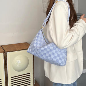 Bolso de hombro de lona con rejilla para mujer, color azul, blanco, rosa, cierre con cremallera, bolso de gran capacidad, estilo verano 2022 - Product Image 2