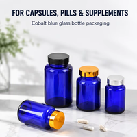 60ml 75ml 100 ml 120ml 150ml 200ml 250ml 300ml 400ml 500ml ml Emballage de bouteille capsule en verre ronde bleu cobalt avec bouchon en bambou