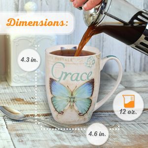 Taza de café de cerámica de mariposa azul Taza de café inspiradora 12 oz con versículo de la Biblia: Grace-Efesios. - Product Image 2
