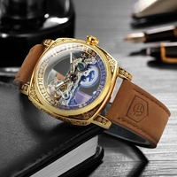 Forsining Montre Automatique Squelette Carrée Transparente pour Hommes Rétro Boîtier Gravé Luxe Lumineux Pont Doré Ceinture Horloge pour Homme