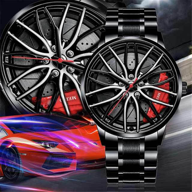 Drop Shipping Stainless Steel Alloy Car Wheel Hub Hollow Spinning Sport Quartz Watch OEM Movement Water Resistant Watch MW02