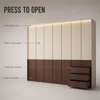 Armoire coulissante haut de gamme bicolore couleur noyer crème avec éclairage LED et 3 tiroirs apparents, armoire de chambre