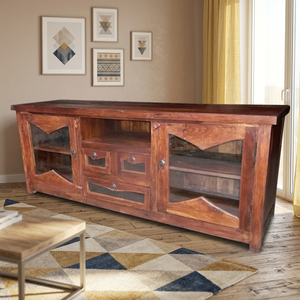 Mueble de TV modular de madera de Sheesham con 2 puertas de vidrio y 3 cajones, hecho a mano para el hogar, hotel o casa de campo. - Product Image 4