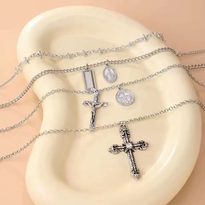 Hip Hop <span class=keywords><strong>Vintage</strong></span> Punk Style 4 pièces/ensemble jésus croix pendentif collier longue chaîne Street Wear objets décoratifs pour femmes hommes mode - Product Image 4