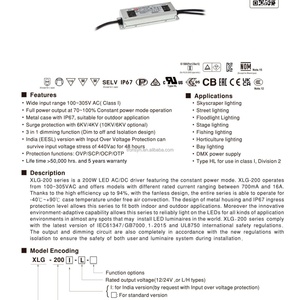 Controlador LED de Modo de Potencia Constante Meanwell Autorizado XLG-200-24-A, Convertidor de Voltaje IP67, Transformadores de Potencia de 200W 220V 24V - Product Image 2