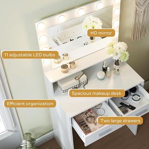 Modern Designs Simple <strong>Small</strong> <strong>Vanity</strong> Desk Dresser Set White Slim Mirror Makeup Dressing <strong>Table</strong> with Lights - Product Image 3