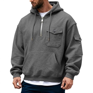 Cross-border New-arrival for <strong>Mens</strong> Spring Solid Pullover <strong>Hoodie</strong> Multi-pocket Hooded Long-sleeve Fleece-lined - Product Image 3