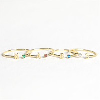 R.Gem. Zircon plaqué or 18K personnalisé minimaliste pierre de naissance initiale lettre anneaux délicats